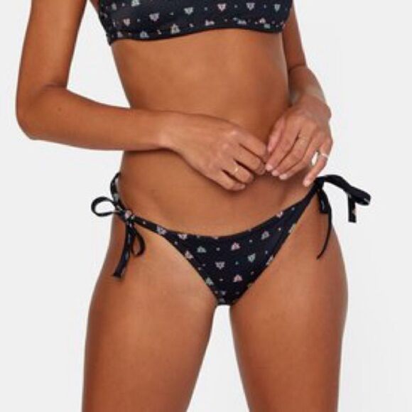 RVCA Foulard High Cut French Bikini Bottom Size M Side Tie Black Mandala-Like - Picture 3 of 9